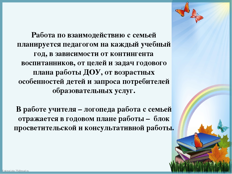 Презентация к докладу "Формы и методы взаимодействия учителя - логопеда с семьей, воспитывающей ребенка с нарушением речи"