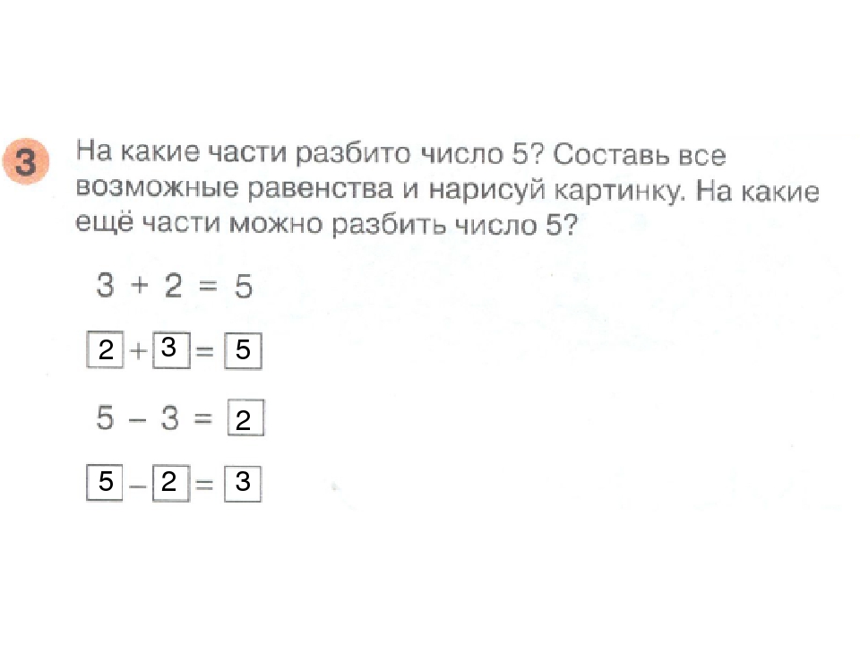 На какие части разбито число 5 составь все возможные равенства и нарисуй картинку