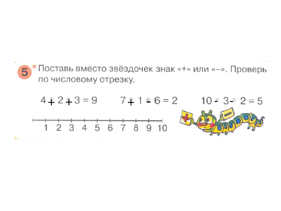 Поставь вместо звездочки число. Поставь вместо звёздочек знаки + или -. Поставь вместо звёздочек знаки + или -. Проверь по числовому отрезку. Поставь знак плюс или минус. Поставь вместо звездочек знак плюс или минус.