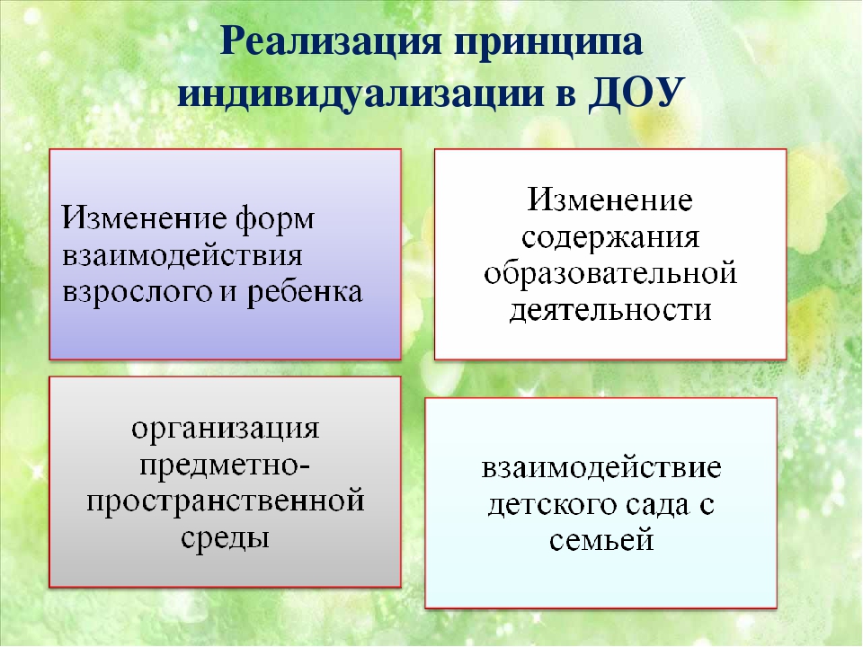 Реализация принципа. Реализация принципа индивидуализации в ДОУ. Принцип индивидуализации. Индивидуализация дошкольного образования. Принципы реализации индивидуализации.