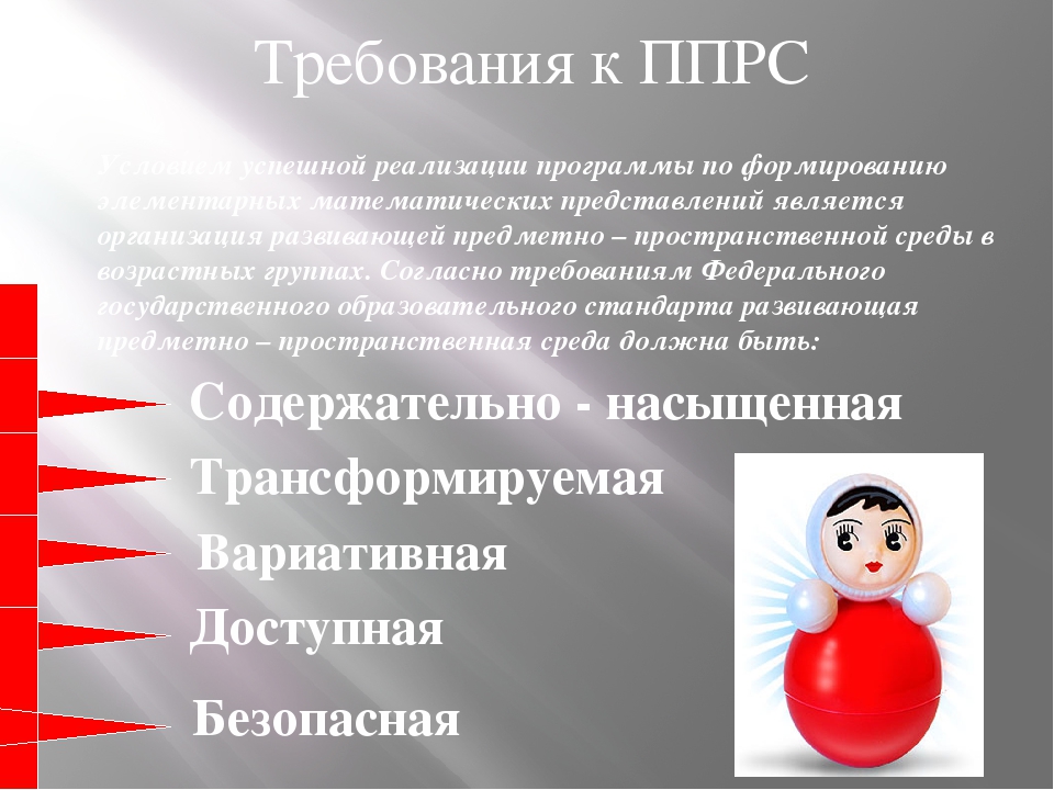 Презентация на тему : "Создание развивающей предметно- пространственной среды, направленной на математическое развитие детей в разных возрастных группах в соответствии с ФГОС