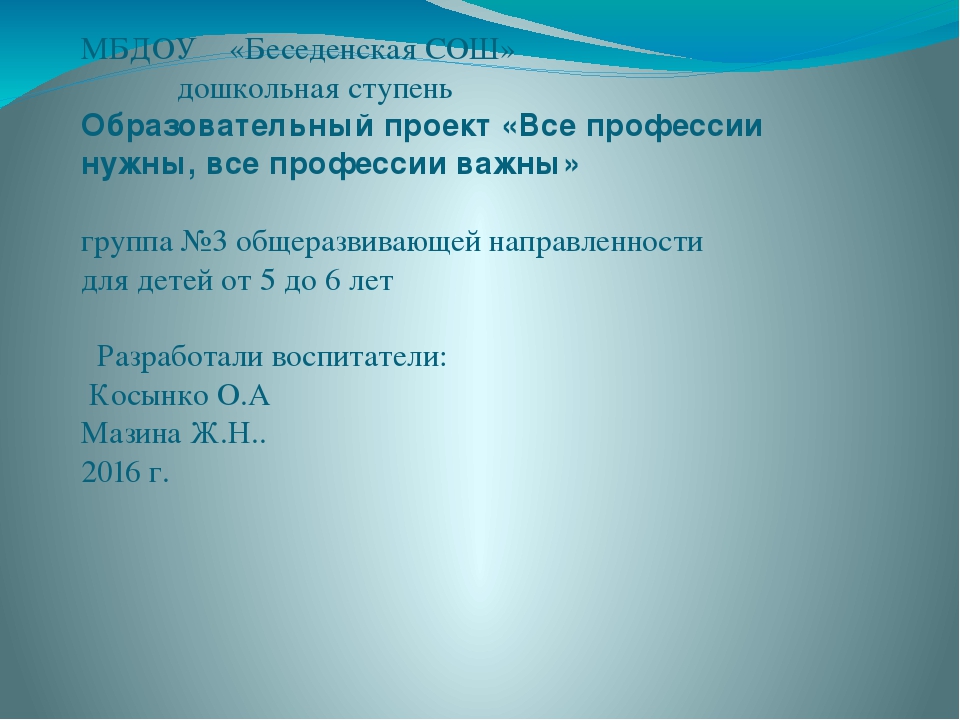 Образовательный проект «Все профессии нужны, все профессии важны»
