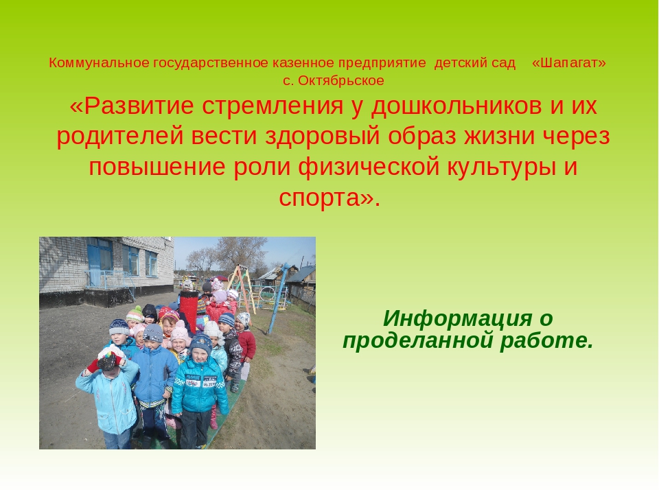 «Развитие стремления у дошкольников и их родителей вести здоровый образ жизни через повышение роли физической культуры и спорта».