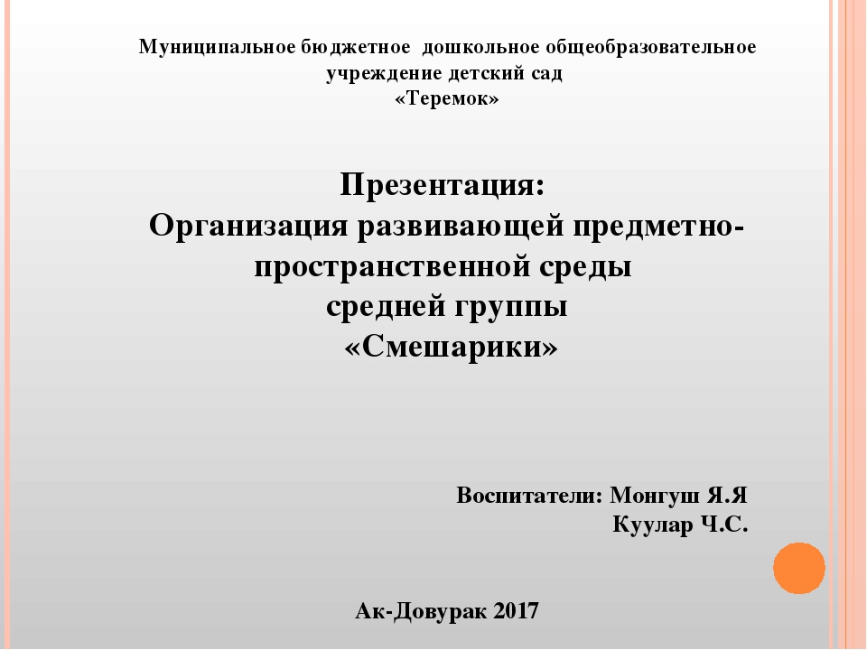 Презентация: Организация развивающей предметно-пространственной среды средней группы «Смешарики»
