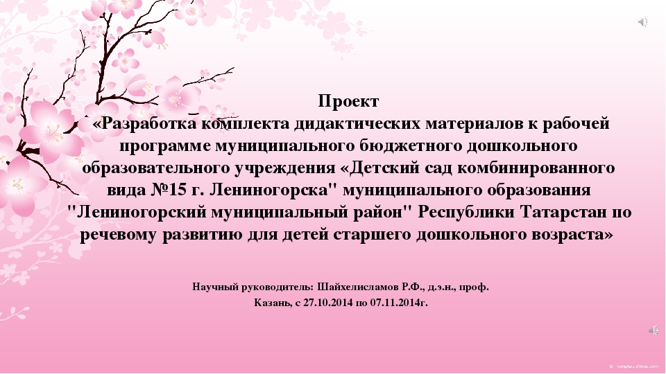 Проект «Разработка комплекта дидактических материалов к рабочей программе муниципального бюджетного дошкольного образовательного учреждения «Детский сад комбинированного вида №15 г. Лениногорска" муниципального образования "Лениногорский муниципальный ра
