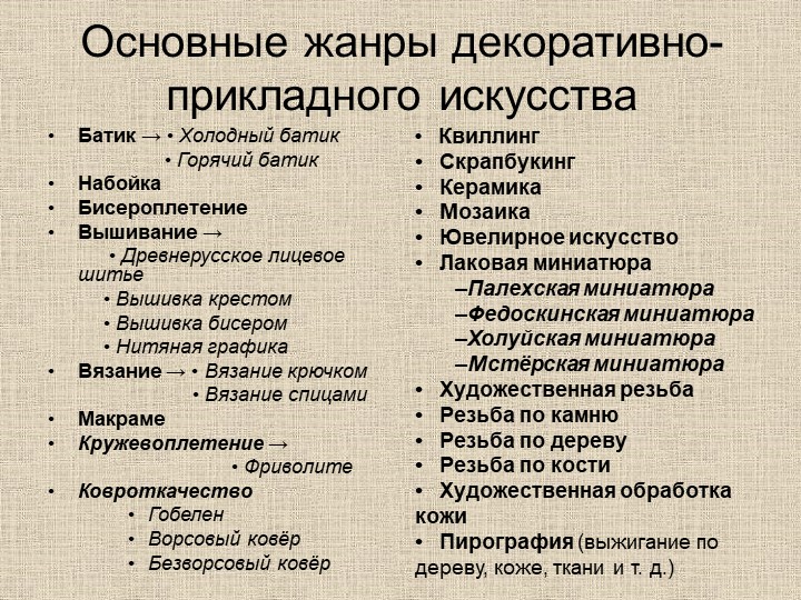 Жанровое многообразие творчества толстого. Жанры декоративно-прикладного творчества. Виды декоративно прикладного искусства. Виды и Жанры декоративно-прикладного искусства. Виды декоративно-прикладного искусства таблица.