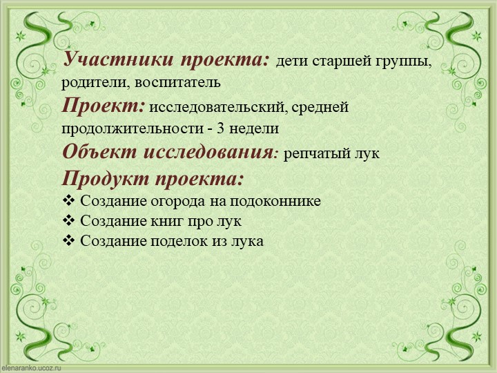 Проект Господин Лук для детей старшей группы