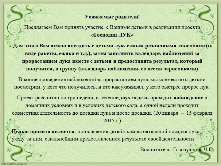Проект Господин Лук для детей старшей группы