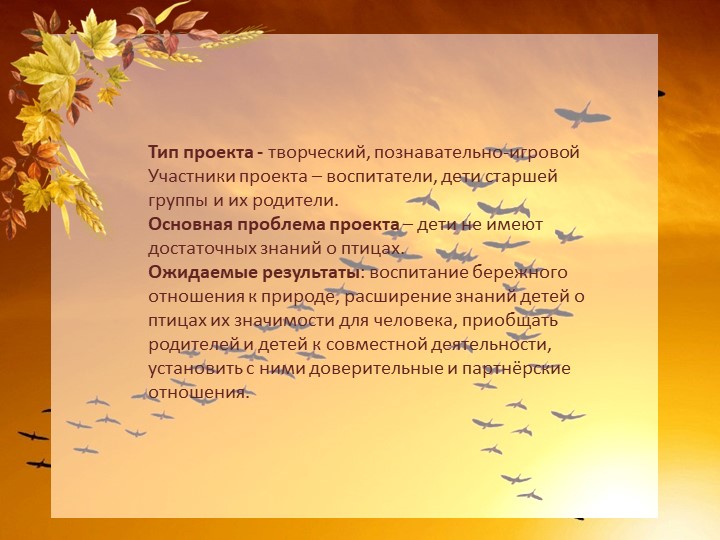 Краткосрочный проект "Перелетные птицы осенью" старшая группа