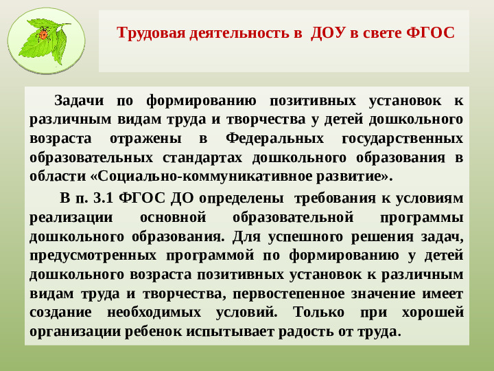 Презентация на тему «Трудовое воспитание дошкольников в ДОУ в свете ФГОС» .