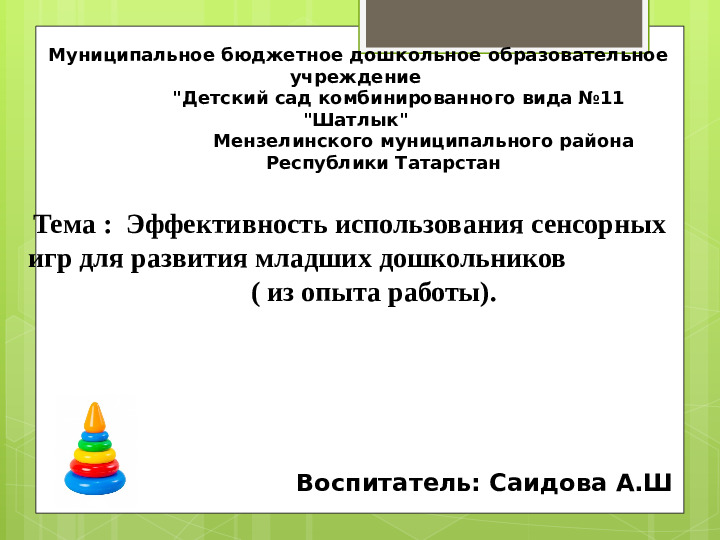 Презентация на тему "Эффективность использования сенсорных игр для развития младших дошкольников (из опыта работы)