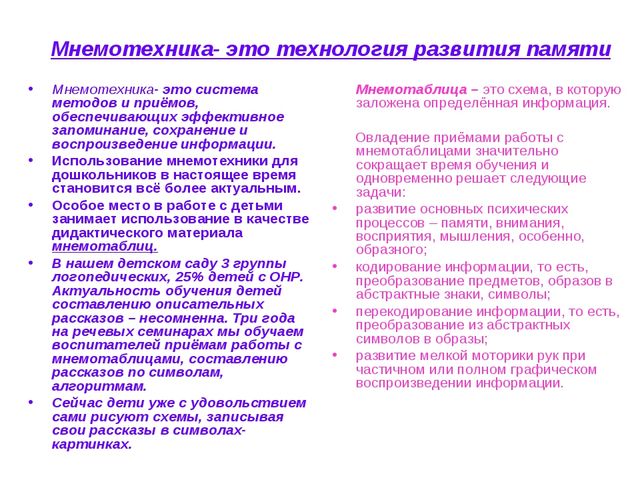 Мнемотехника «Обучение дошкольников составлению описательных рассказов при помощи опорных схем-рисунков»