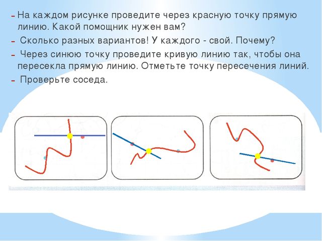 На каждом рисунке отметь. На каждом рисунке проведи через красную точку. Проведи через точку кривую линию. На каждом рисунке проведи через красную точку прямую линию. Каждый рисунок.