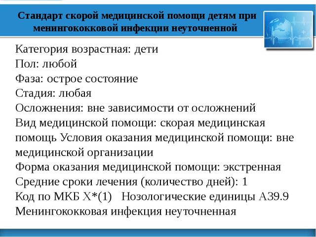 Презентация ДПО цикл: Скорая и неотложная помощь Тема: "Стандарт скорой медицинской помощи детям при менингококковой инфекции неуточненной"