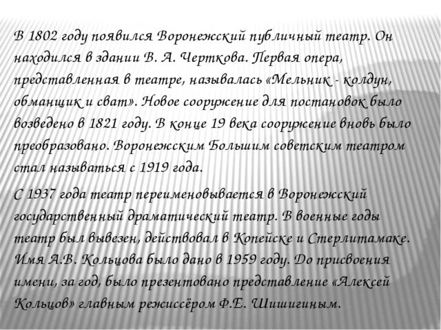 Презентация на тему "Путешествие по театрам города Воронежа"