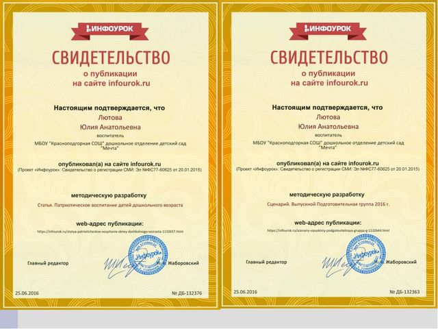 Портфолио воспитателя отделения дошкольного образования Лютовой Ю.А.