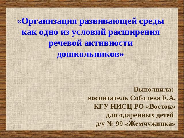 Презентация «Организация развивающей среды как одно из условий расширения речевой активности дошкольников»