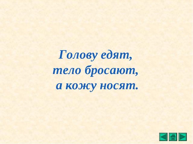 Надену ответ. Голову едят тело бросают а кожу носят. Ответ на загадку голову едят тело бросают а кожу носят. Шкуру носят ,мясо бросят, а голову съедят ,отгадка. Что это шкуру носят мясо бросят, а голову съедят.