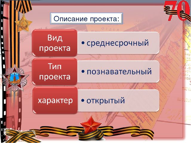 Презентация Педагогический проект на тему: «Воспитание патриотических чувств у детей старшего дошкольного возраста через ознакомление с историей Великой Отечественной войны»