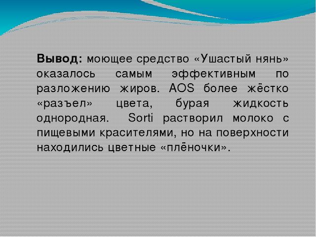 Исследование эффективности действия жидкости для мытья посуды, на примере «АОС», «Sorti», «Ушастый нянь»