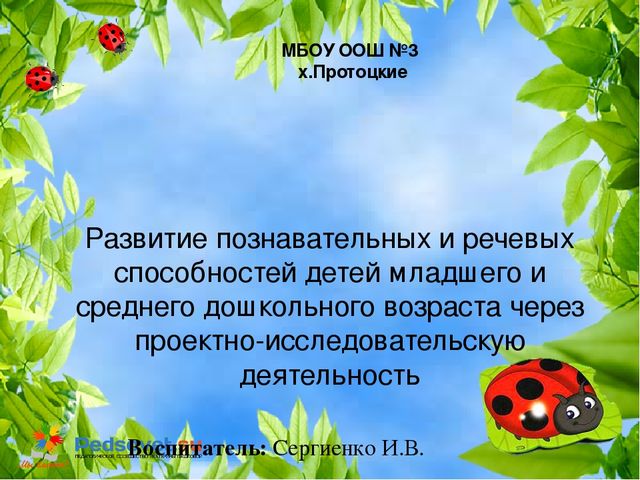 Презентация "Развитие познавательных и речевых способностей детей младшего и среднего дошкольного возраста через проектно - исследовательскую деятельность".