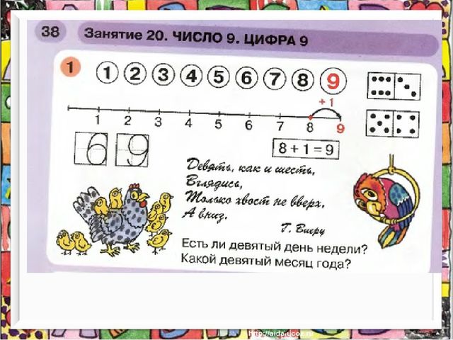 Презентация к пособию " Раз-ступенька,два-ступенька" часть 2 Занятие 20 на тему: "Число 9.Цифра 9"