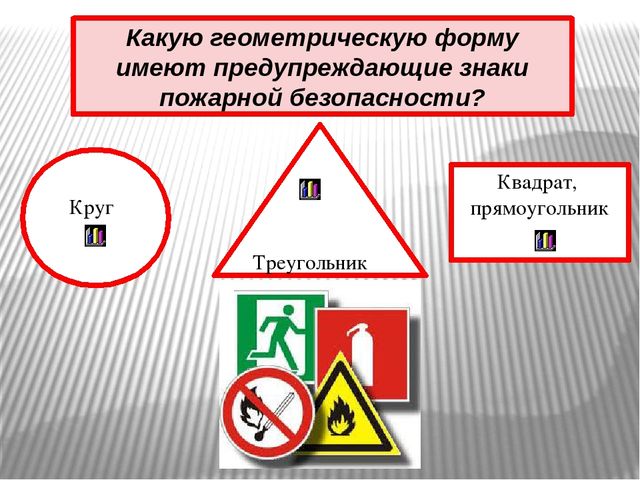 Цвет безопасности. Предупреждающие знаки пожарной безопасности. Какую геометрическую форму имеют предупреждающие знаки безопасности. Предупреждающие пожарные знаки для детей. Какую геометрическую форму имеют знаки пожарной безопасности.