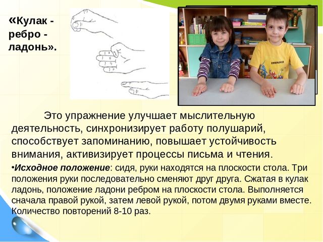 Презентация на тему: "Кинезиологические упражнения как средство активизации межполушарного взаимодействия и стимулирования познавательной деятельности"