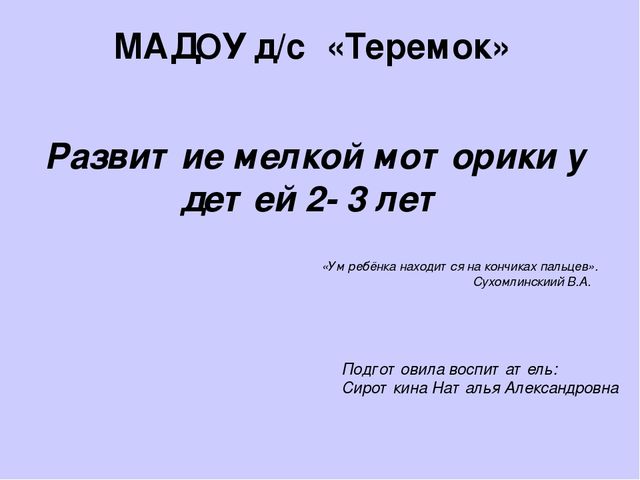 Презентация "Развитие мелкой моторики у детей 2-3 лет".