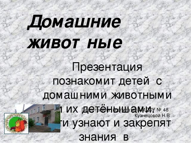 Презентация «Домашние животные» — где дети познакомятся с домашними животными и их детенышам.